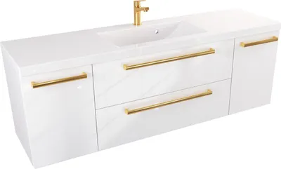 Produktbild von FURNI Waschtischunterschrank ATH 140 cm - Weiß Hochglanz - Hängender Badschrank mit Mineralguss-Waschbecken - Griffe - Vormontiert