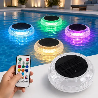 Produktbild von Poolleuchte Solar Schwimmende, wasserdicht IP67, 9 Farben RGB, 3 Helligkeitsstufen, 10H Laufzeit, Fernbedienung, Timer, Solar LED Pool Licht