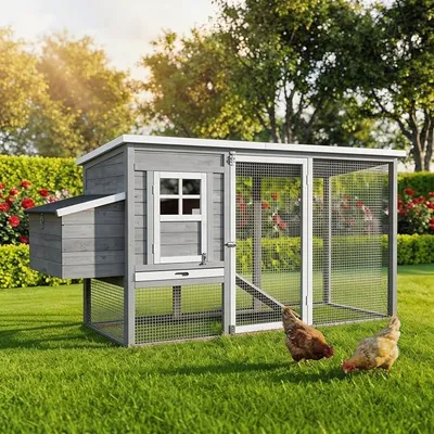 Produktbild von MyAnimal Hühnerstall für 4 Hühner | 174x76x103 cm Winterfest - Vogelhaus - Hühnergehege mit Nistkasten - Voliere - Hühnerhaus - Freilaufgehege Huhn - Legenest - Vogelvoliere (Grau)