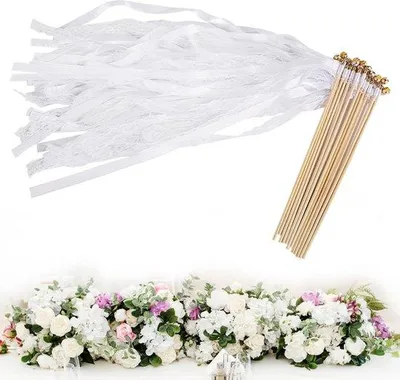Image de Décoration murale de mariage avec clochettes et rubans, lot de 12 tiges en bois