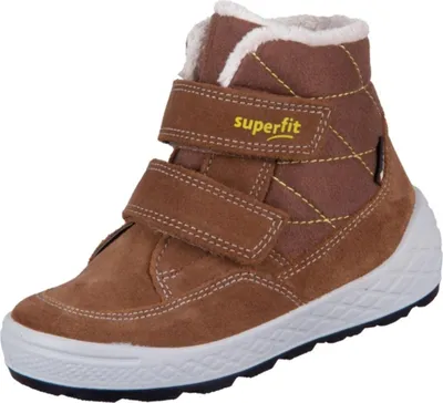 A single brown winter boot for children.