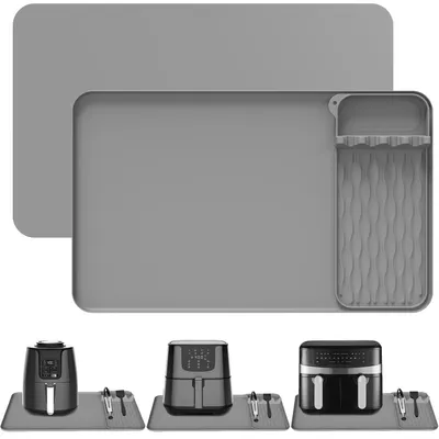 FORSMANO 2-in-1 Silikonmatte für Heißluftfritteuse & Küchenutensilien, Hitzebeständig, Anti-Rutsch, Abnehmbar, Multifunktion, Grau