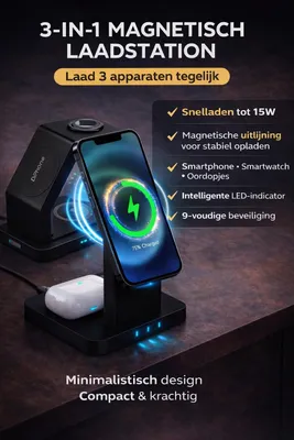 Productafbeelding van DrPhone QW5 – 3 in 1 - Draadloos Laadstation - Compatibel met Magsafe / iPhone