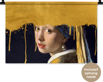 Produktbild von MuchoWow® Wandteppich Wandbehang Mädchen mit einem Perlenohrring - Gold - Vermeer 60x40 cm Tapisserie Dekoration Wandtuch - Wanddekorationen