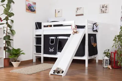 Produktbild von Etagenbett mit Rutsche, Massivholz Buche weiß, 90x200 cm, umbaubar zu 2 Einzelbetten