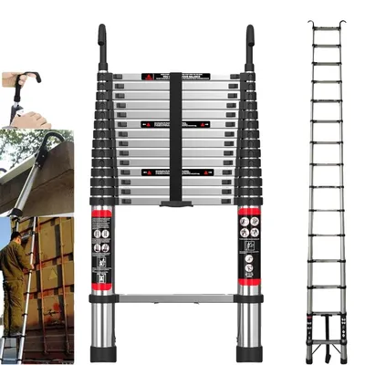 Zdjęcie produktu dla Drabina teleskopowa, nośność 150 kg, regulowana wysokość, drabina prosta o długości 4,4 m + zdejmowane haki