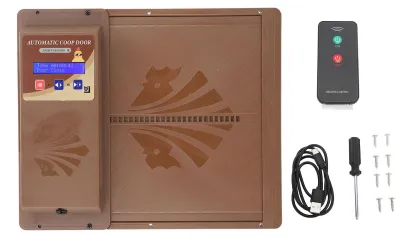 Zdjęcie produktu dla Automatyczne drzwi do kurnika z USB 3 w 1: czujnik światła, pilot zdalnego sterowania, timer, otwieranie poziome, kolor brązowy