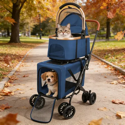 Produktbild von Doppelter Hundebuggy,Hundebuggy mit 2 abnehmbaren Transportboxen,Hundebox Katzenbuggy Pet Stroller Für Mehrere Haustiere 97x58x46 Blau