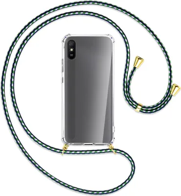 Produktbild von Handykette Backcover-Schutzhülle mit Band (Metall goldfarben) für Xiaomi Redmi 9A - grün/blau/weiß