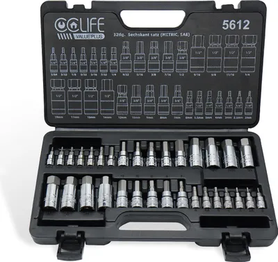 Produktbild von CCLIFE Sechskant satz,32 teiliges Metric and SAE Bit Sockets 1/4''| 3/8''| 1/2" fur Drehmomentschlüssel und Bohrer,  S2 Legierungsstahl