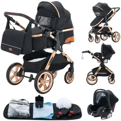 Image de YAZOCO - Poussette combinée 3en1 - Avec nacelle-siège auto - Jusqu'à 15Kg - Or-Noir
