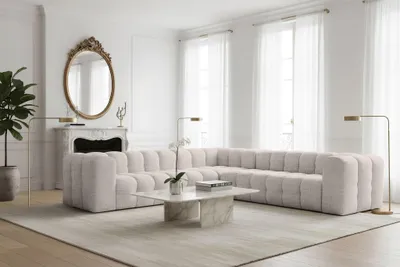 Produktbild von Ecksofa Designersofa SOLVIE in Stoff Moly Creme Seite Universal