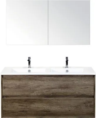 Produktbild von Sanox Badmöbel-Set Porto BxHxT 121 x 170 x 51 cm Frontfarbe nebraska oak mit Doppel-Waschtisch Keramik weiß, Waschtischu