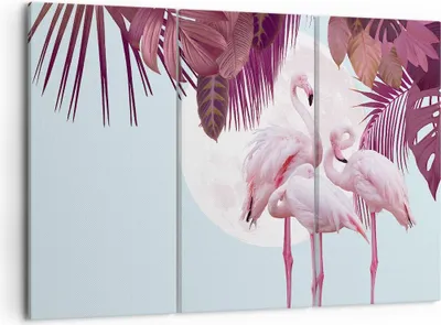 Produktbild von Bild auf Leinwand - Leinwandbild - 3 Teile - Flamingos Palmen Mond - 105x70cm - Wand Bild - Wanddeko - Wandbilder - Leinwanddruck - Bilder - Wanddekoration - Leinwand bilder - Wandbild - CE105x70-4598