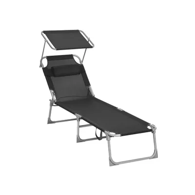 Produktbild von Gartenliege mit Kopfstütze und Sonnenschirm - Schwarz - 53 x 193 x 29,5 cm