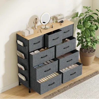 Image de Commode en tissu avec 9 tiroirs, structure métallique, dimensions 98,8 x 30 x 100 cm, couleur grise