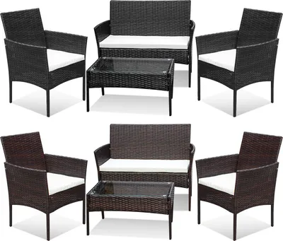 Immagine prodotto di Clanmacy Set da salotto 4 pezzi Mobili da balcone Set da giardino Set di sedute Set di sedute Polyrattan Nero/Marrone