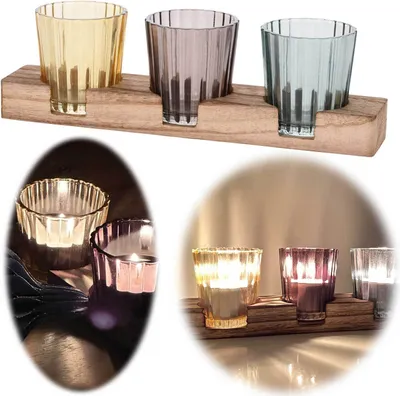 Produktbild von LS-LebenStil Holz Kerzentablett geflammt 23cm Set Gelb Grau mit 3 Teelichtgläser Deko Tablett
