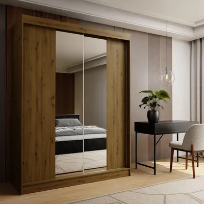 Produktbild von Masseno Schiebetürenschrank LUCENZA 160/216/61 cm 2-türig Schlafzimmer Schrank Kleiderschrank mit Spiegel Eiche Artisan