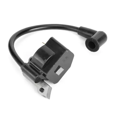 A black ignition coil with a black wire and boot, isolated on a white background.