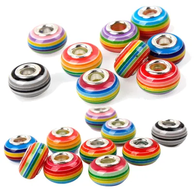 Zdjęcie produktu dla Koraliki przekładki z dużymi otworami w paski rondelle 14 mm, 10 sztuk, kolorowe paski