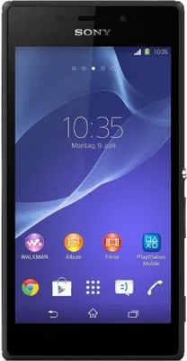 A front-on view of a black Sony Xperia M2 smartphone displaying its home screen with various app icons.