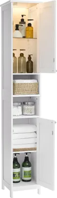 A white bathroom storage cabinet with its doors open, displaying various items on its shelves.