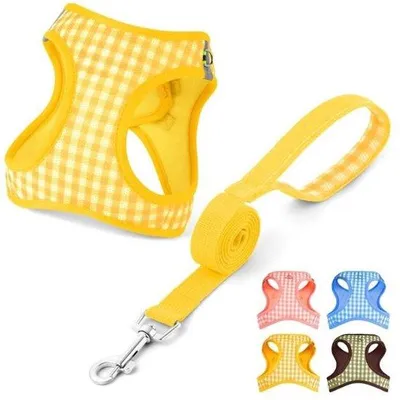 Produktbild von Famanu Hundegeschirr mit Leine, atmungsaktives Mesh-Geschirr für Welpen und Katzen, reflektierend und verstellbar, gelb, Größe XS