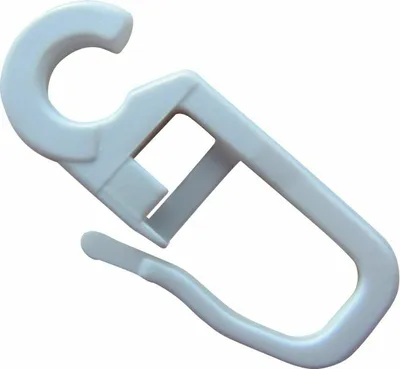 A white plastic clip hook is shown against a white background.