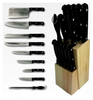 Produktbild von 15-teiliges Messer-Set mit Holzblock, Kochmesser und Brotmesser