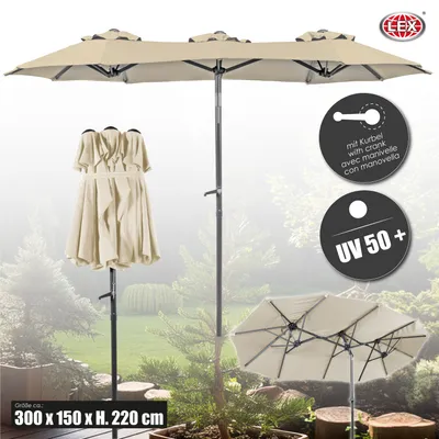 A double patio umbrella is shown in an outdoor setting, with a folded version and close-up icons highlighting features.