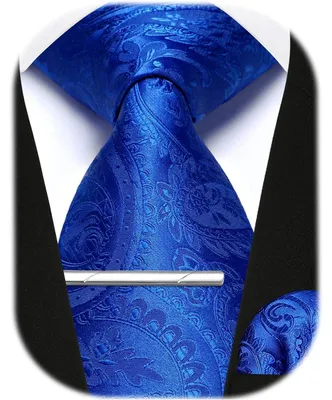 Image de Ensemble de cravates pour hommes comprenant une cravate, un mouchoir de poche et une aiguillette, motifs Paisley et carreaux, couleur bleu roi