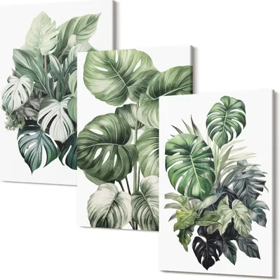 Produktbild von Wandbild – Leinwandbild – Leinwandbilder – Polycanvas – Kunstdruck – Modern – Panorama – Mehrteilig – 3-Teilig Set – Hochwertig – Lichtecht – Geruchslos – 20x30 Cm Je Element - Grüne Blätter tropischer Pflanzen Aquarelle