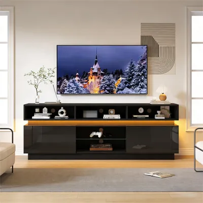 Produktbild von okwish TV-Schrank  Sideboard mit Ablage aus gehärtetem Glas Fernsehbank Wohnzimmerschränke mit LED Beleuchtung TV-Lowboard mit offenen Fächern für 60-Zoll-Fernseher Schwarz