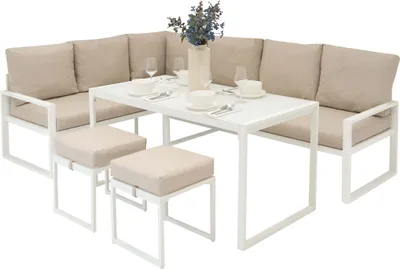 An outdoor furniture set including a sectional sofa, a table, and two stools, arranged on a white background.