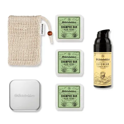 Produktbild von Störtebekker® Dusch Routine Set - 3 x festes Shampoo (Aloe Vera), Sisalsäckchen, Seifendose & Tagescreme - für die tägliche Pflege