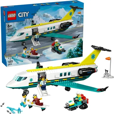 A LEGO City ambulance airplane playset shown on its packaging, with a smaller image of the assembled toy below.