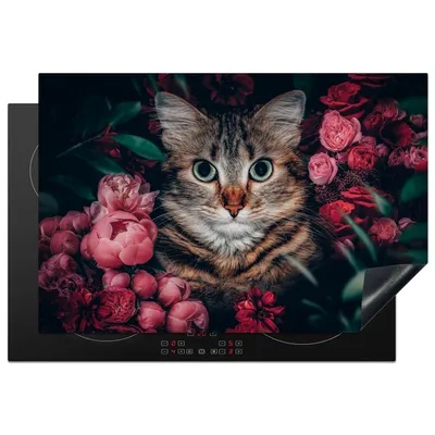 Produktbild von KitchenYeah© Herdabdeckplatte Katze - Blumen - Tiere - Botanisch , 78x52cm, Küche Deko, Glaskeramikkochfeld Herdabdeckung, Abdeckplatte fùr Kochfeld
