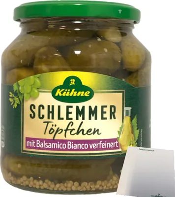 Produktbild von Kühne Schlemmertöpfchen Mild-Würzige extra knackige Cornichons mit Balsamico Bianco verfeinert 1er Pack (1x300g Glas) + usy Block