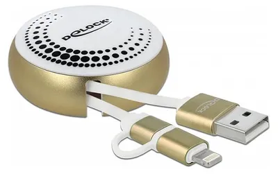 Obrázek produktu pro DeLOCK Zatažitelný kabel USB 2 v 1, Typu-A na Micro-B a Lightning, bílý/zlatý, 0,92 m, USB A, Micro-USB B/Lightning, USB 2.0, Zlato, Bílá