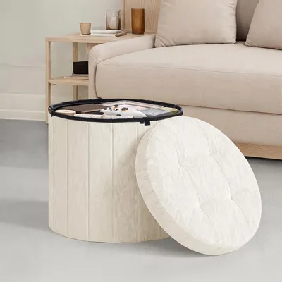 Produktbild von SONGMICS Sitzhocker rund, Fußhocker mit Stauraum, faltbarer Hocker mit abnehmbarem Deckel, Samt, Wohnzimmer, Weiß