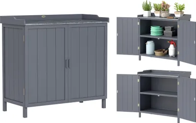 Image de Outsunny Armoire de rangement de jardin sur pied, table de rempotage 2 en 1 double porte, étagère, plateau métal galvanisé - gris