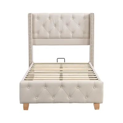Image de OKWISH lit rembourré  90x200 cm - Lit Simple Rembourré avec Tête de Lit Boutons - Lin - Sans Matelas - Beige