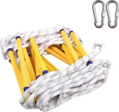 A coiled fire escape ladder with two carabiners on a white background.