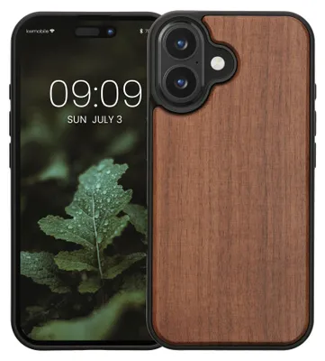 Produktbild von kwmobile Handyhülle für Apple iPhone 16 Hülle Holz - Case mit TPU Bumper - Stoßfestes Hardcase - Schutzhülle Cover in Dunkelbraun
