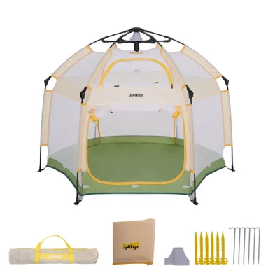 Produktbild von Jovikids Faltbarer Laufstall Baby mit Baldachin, Pop-up Zelt Kinder Outdoor, Großer 6 Eckig Playpen mit Tragetasche für Haus, Garten, 150x150x105cm