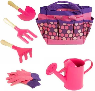 Produktbild von Unyqoos® 6‑teiliges Gartenset für Kinder – Gartenspielzeug für draußen, rosa: Mini‑Gießkanne, Gartentasche, Mini‑Handharke, Pflanzkelle, Gabel & Handschuhe