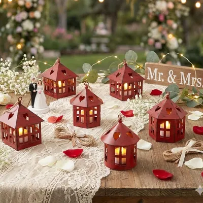 Imagen del producto de Seis farolillos decorativos de metal, de 10 cm de altura, portavelas para mesa, decoración rústica para bodas de estilo campestre