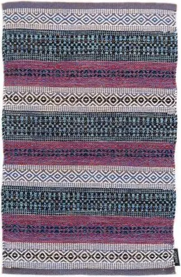 A flat lay of a rectangular rug with a striped pattern.