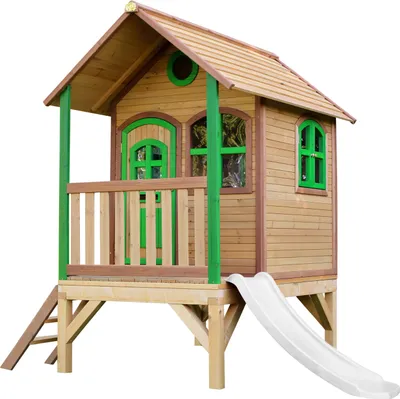 Produktbild von AXI Spielhaus Tom mit weißer Rutsche | Stelzenhaus in Braun & Grün aus Holz für Kinder | Spielturm für den Garten